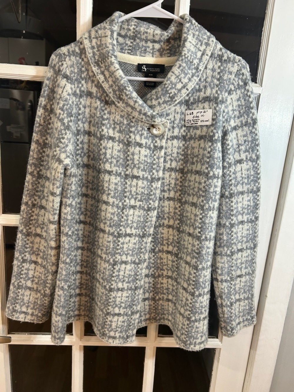 L68.    Alison Sheri Gray & Cream Plaid Shawl-Collar Pea Coat